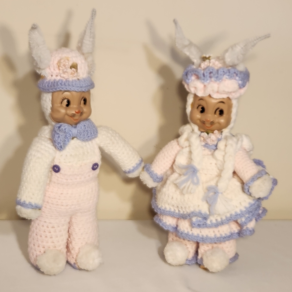 Vintage 16" Crochet Easter Bunny Dolls Dish Detergent Bottle Crochet Easter